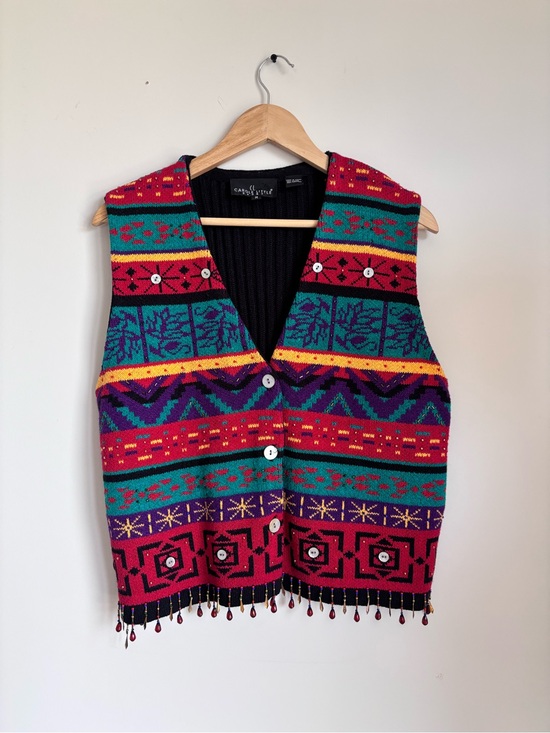 Carole Little Jackets & Blazers - Carole Little Vintage 90s Knit Beaded Fringe Sweater Vest Geometric M